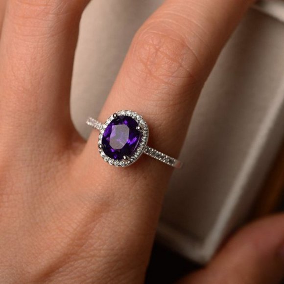 NEW Purple Amethyst Diamond Halo Oval Cut Ring - Picture 2 of 4